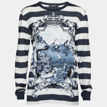 Pre Owned Dolce & Gabbana Navy Blue Striped & Printed Cotton Long Sleeve T-Shirt L