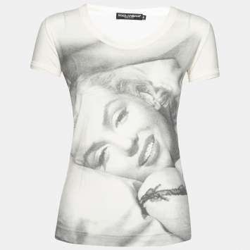 Pre Owned Dolce & Gabbana Cream Marilyn Monroe Printed Cotton T-Shirt XS