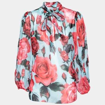 Pre Owned Dolce & Gabbana Blue and Red Rose Printed Silk Bow Tie Top L