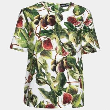 Pre Owned Dolce & Gabbana White and Green Fig Printed Cotton Crew Neck Top M