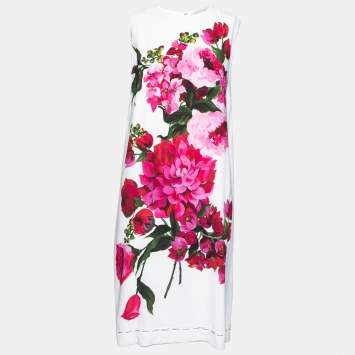 Pre Owned Dolce & Gabbana White Crepe Peony Printed Shift Dress M
