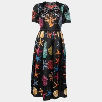 Pre Owned Dolce & Gabbana Black Coral Printed Silk Embellished Bow Detail Maxi Dress M