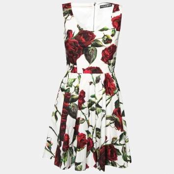 Pre Owned Dolce & Gabbana White and Red Rose Printed Pleated Sleeveless Dress S