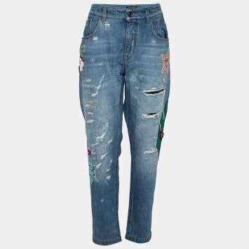 Pre Owned Dolce & Gabbana Blue Denim Floral Embroidered and Sequin Embellished Distressed Jeans L