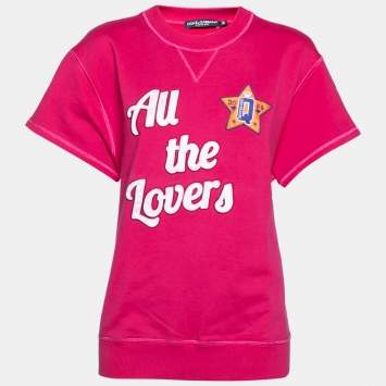 Pre Owned Dolce & Gabbana Pink Cotton All the Lovers Embroidered Ribbed Trims Top S