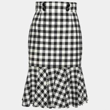 Pre Owned Dolce & Gabbana Black and White Checkered Ruffle Hem Skirt S