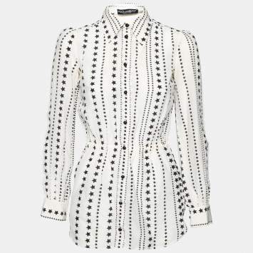 Pre Owned Dolce & Gabbana White Star Printed Silk Button Front Blouse S