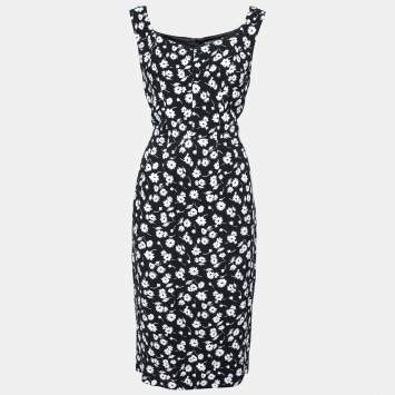 Pre Owned Dolce & Gabbana Black and White Floral Printed Crepe Sleeveless Dress L