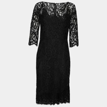 مملوكة مسبقًا Dolce & Gabbana Black Cordonetto Lace Scalloped Hem Fitted Dress M