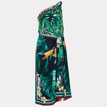Pre Owned Dolce & Gabbana Tropical Jungle Printed Silk One Shoulder Knot Tie Dress M