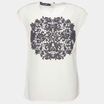 Pre Owned Dolce & Gabbana Cream Silk Lace Embroidered Crystal Embellished Sleeveless Blouse M