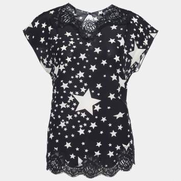 Pre Owned Dolce & Gabbana Black and White Star Printed Silk Lace Trim Blouse S