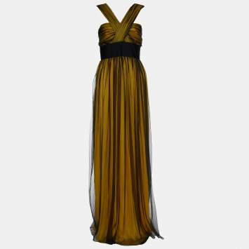 Pre Owned Dolce & Gabbana Yellow and Black Mesh Layover Maxi Dress M