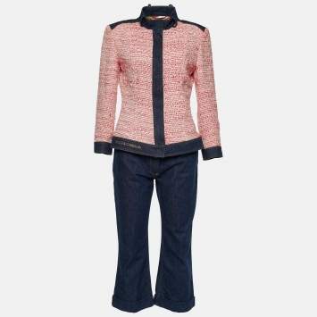 Pre Owned Dolce & Gabbana Vintage Red Tweed Denim Jacket and Jeans Set M