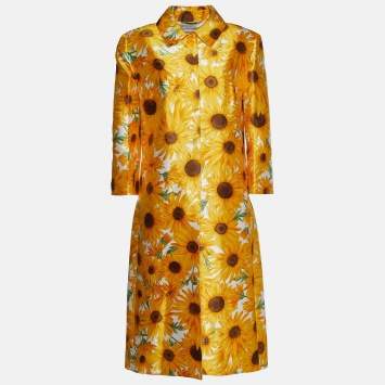 Pre Owned Dolce & Gabbana Vintage Yellow Sunflower Printed Silk Lightweight Coat & Pencil Skirt Set L