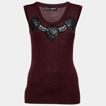 Pre Owned Dolce & Gabbana Burgundy Wool Lace Detail Sleeveless Top M