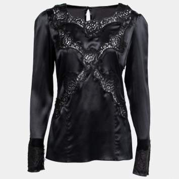 Pre Owned Dolce & Gabbana Black Satin Silk & Lace Trimmed Long Sleeve Blouse M