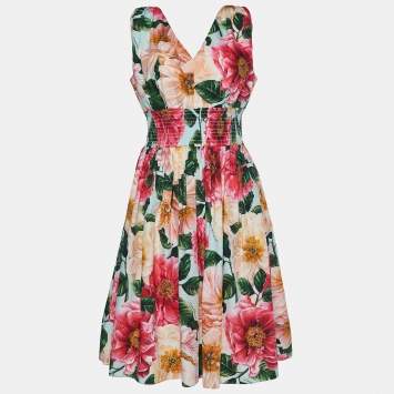 Pre Owned Dolce & Gabbana Multicolor Floral Printed Cotton V-Neck Dress M