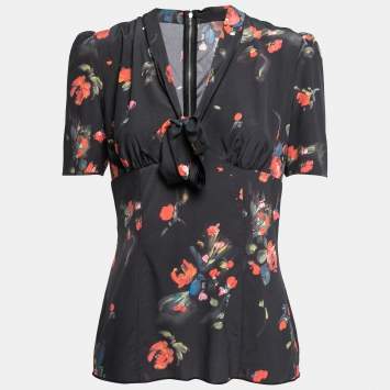 Pre Owned Dolce & Gabbana Black Floral Printed Silk Neck Tie Detailed Blouse M