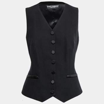 Pre Owned Dolce & Gabbana Black Wool & Silk Satin Button Front Waistcoat M