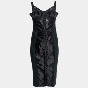 Pre Owned Dolce & Gabbana Black Synthetic & Lace Sleeveless Bodycon Dress M