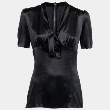 Pre Owned Dolce & Gabbana Black Silk Satin Short Sleeve Blouse M