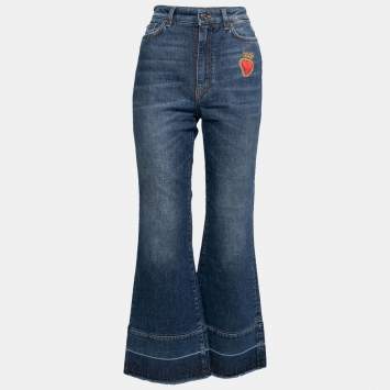 Pre Owned Dolce & Gabbana Blue Denim Heart Embroidered Flared Fringed Jeans M