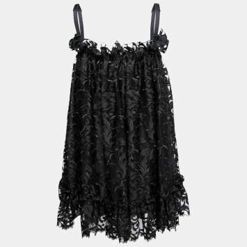 Pre Owned Dolce & Gabbana Black Embroidered Tulle Ruffled Sleeveless Dress S