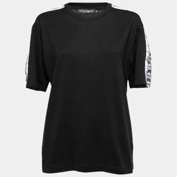 Pre Owned Dolce & Gabbana Black Cotton Logo Tape Trimmed T-Shirt L