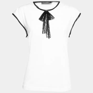Pre Owned Dolce & Gabbana White Cotton Lace Trimmed Short Sleeve Top M