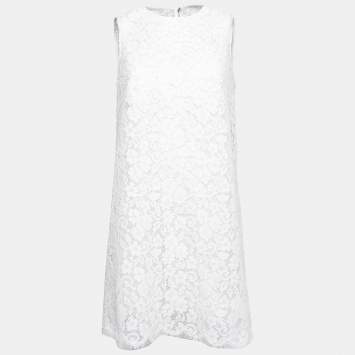 Pre Owned Dolce & Gabbana White Lace Scalloped Hem Detail Sleeveless Dress L