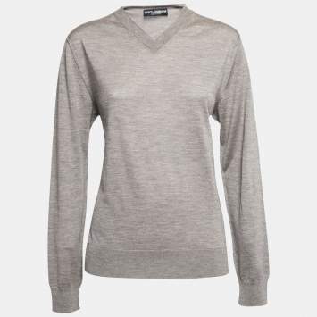 Pre Owned Dolce & Gabbana Grey Cashmere V Neck Long Sleeve Sweater L