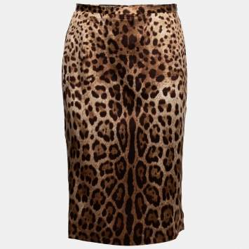 Pre Owned Dolce & Gabbana Beige Leopard Print Silk Pencil Skirt M