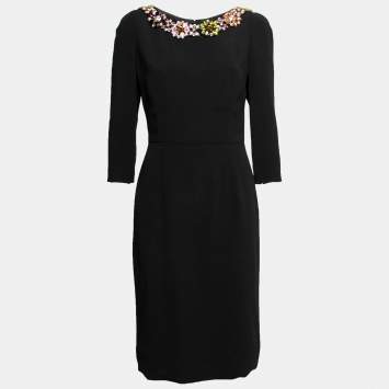 Pre Owned Dolce & Gabbana Black Crepe Jeweled Neckline Dress M
