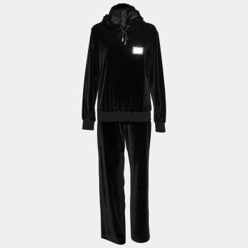Pre Owned Dolce & Gabbana Black Velvet Straight Leg Pants & Hoodie Set M