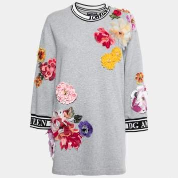 Pre Owned Dolce & Gabbana Grey Cotton Floral Appliqued Crewneck Pullover S