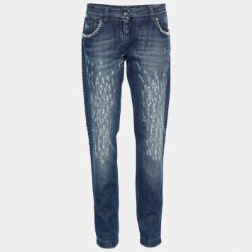 Pre Owned Dolce & Gabbana Indigo Faded Effect Denim Embellished Distressed Jeans Waist 32" 