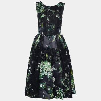 Pre Owned Dolce & Gabbana Black Floral Print Silk Lace Detail Sleeveless Dress L