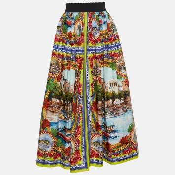 Pre Owned Dolce & Gabbana Multicolor Sicilian Postcard Printed Cotton Midi Skirt S