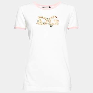 Pre Owned Dolce & Gabbana White Cotton Floral Logo Printed Short Sleeve T-Shirt M