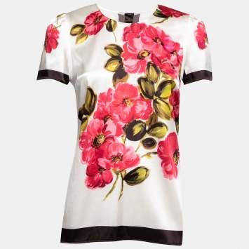 Pre Owned Dolce & Gabbana White Floral Printed Stretch Silk Short Sleeve Top S
