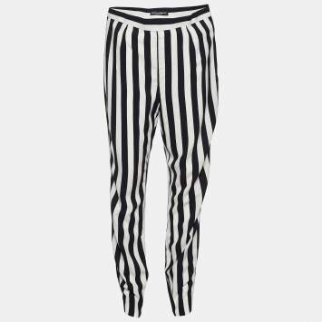 Pre Owned Dolce & Gabbana Monochrome Striped Crepe Tapered Trousers L