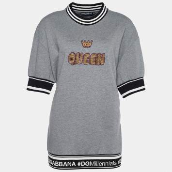 Pre Owned Dolce & Gabbana Grey Rib Knit Queen Embellished Sweatshirt M