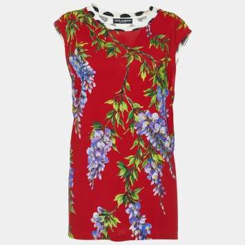 Pre Owned Dolce & Gabbana Red Floral & Polka Dot Print Crepe Sleeveless Blouse L