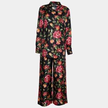 Pre Owned Dolce & Gabbana Black Floral Print Silk Lounge Shirt & Trousers Set M