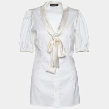 مملوكة مسبقًا Dolce & Gabbana Off-White Poplin Bow Tie Blouse M