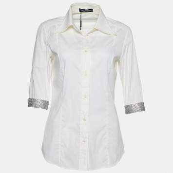 Pre Owned Dolce & Gabbana White Cotton Crystal Embellished Cuff Detail Shirt S