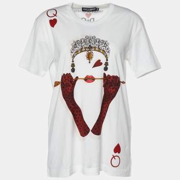 Pre Owned Dolce & Gabbana White Jersey Queen of Hearts Print T-Shirt L