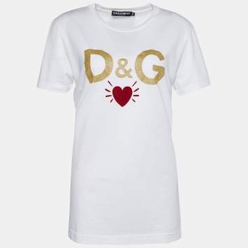 Pre Owned Dolce & Gabbana White Jersey Heart & Logo Print T-Shirt L