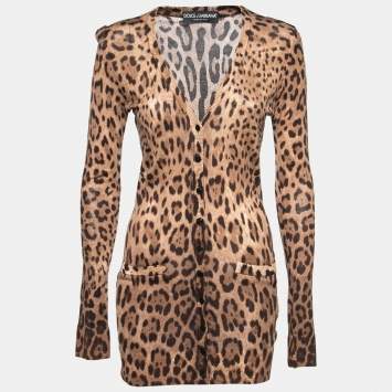 Pre Owned Dolce & Gabbana Brown Animal Printed Wool Button Front Long Cardigan S